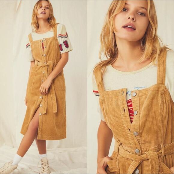 FREE PEOPLE x LEVI'S Calla Corduroy Belted Midi Dress Tan Small S - Picture 11 of 11
